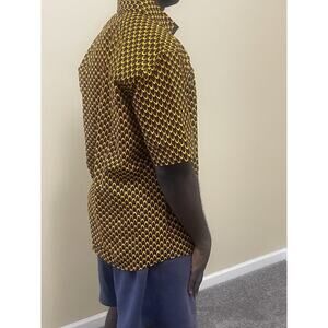 Men’s Traditional African Ghanaian Short Sleeve Shirt Lg Green Gold Print Lined